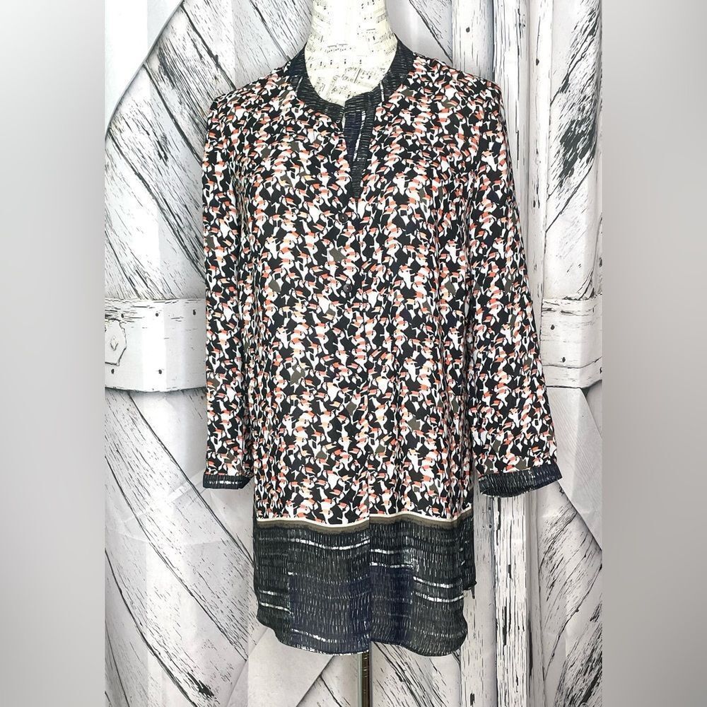 Nic+Zoe Toucan Bird Print Tunic Top 3/4 Sleeves 1/2 Button S